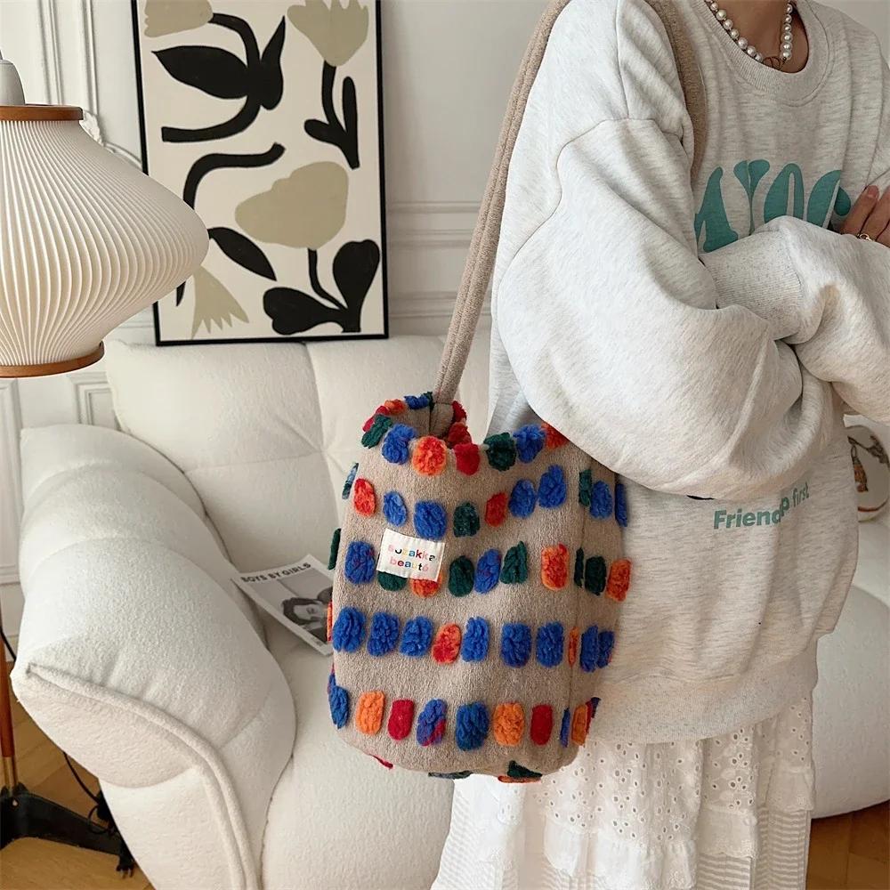 Color Plush Dots Women's Bento Handbags Retro Design Female Fluffy Bucket Bags Large Capacity Shoulder Bag Purse Casual Tote