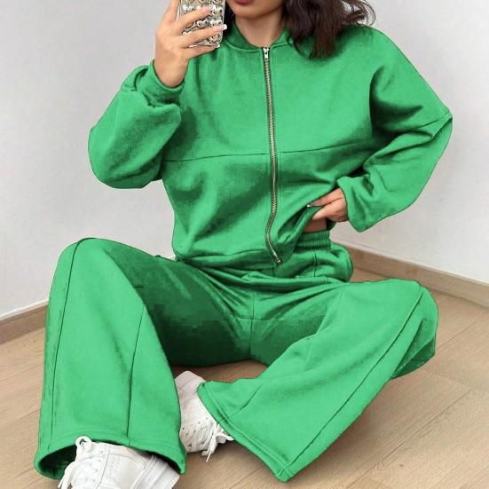 2 Pcs/Set Women Coat Pants Set Stand Collar Long Sleeve Zip-up Elastic Cuff Jacket Drawstring Stretchy High Waist Wide Leg