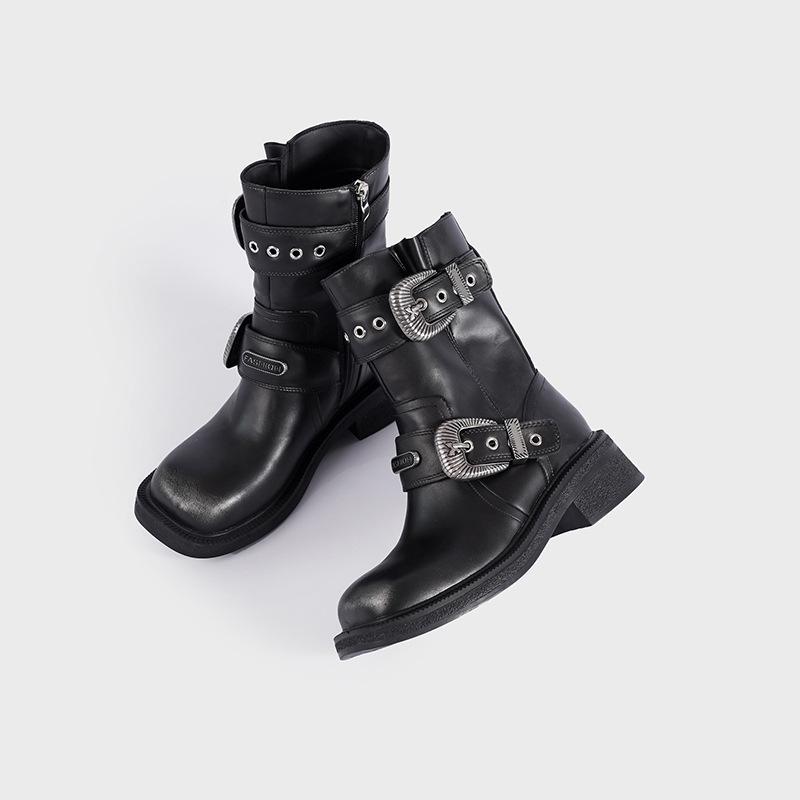 Zhao Zhaoyi~ White Deer~ The same 2025 new square head mid-tube boots Merad locomotive boots mid-heel western cowboy boots