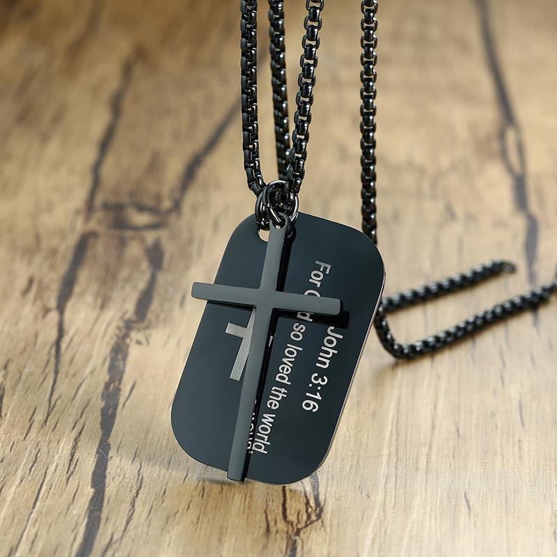 Vnox Personalized The Bible Cross Dog Tag Necklaces For Men Women ,Black Stainless Steel Custom Prayer Christian Jewelry