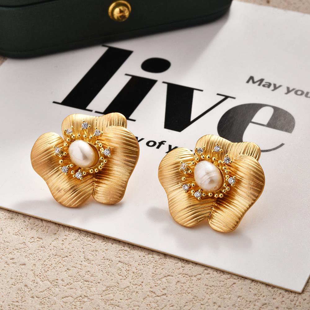 

Vintage Pearl Earrings, Matte Gold Flower Studs, Elegant Freshwater Pearl, Designer Earrings