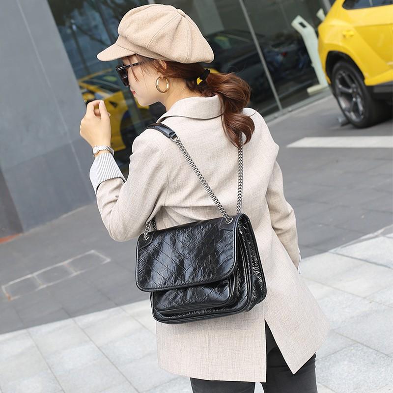 Womens Vintage-Style Satchel Bag With Chain Strap PU Leather Crossbody Large Capacity Daily Use