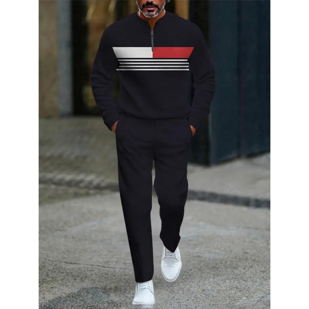 Frühling Herbst Mode Streetwear Herren Langarm Halbreißverschluss Stehkragen Lässige Sportbekleidung Herrenbekleidung Zweiteiliges Set