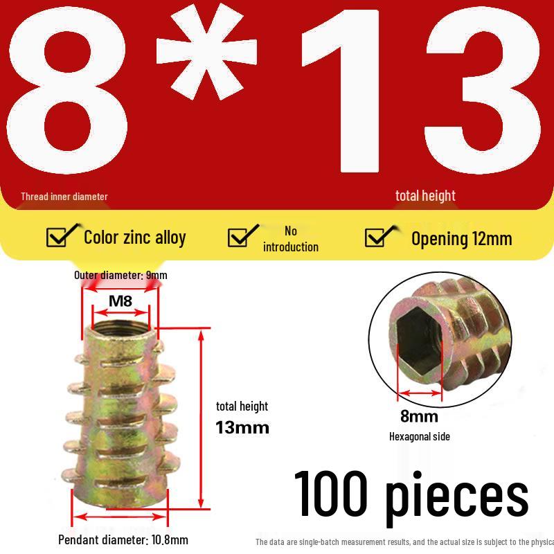 Zinc Alloy Hex Self-Tapping Nut with Washer for Furniture, Internal/External Thread, Medium Wood, Sizes M4-M8.