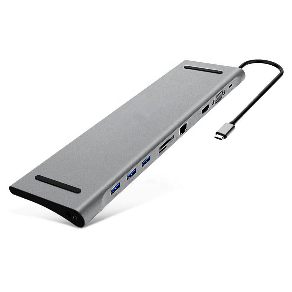 

10 in 1 USB Type C To HDMI VGA RJ45 Multi Ports Hub with USB3.0, PD Charging, TF, SD, 3.5mm Audio for MacBook Pro and More серебряный