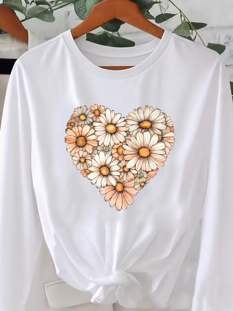 (Asian Size) O-neck Women T Shirt Tee Lady Watercolor Flower Trend Printed Female Clothing Casual Fashion Top Long Sleeve  Graphic T-shirts