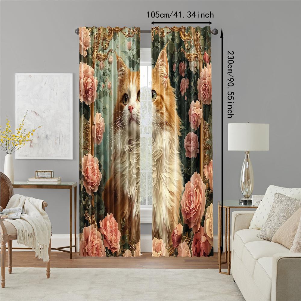2 Pcs   Versatile Polyester Transparent Curtains for Home Decoration Rose Cat for Use In Bedrooms and Living Rooms