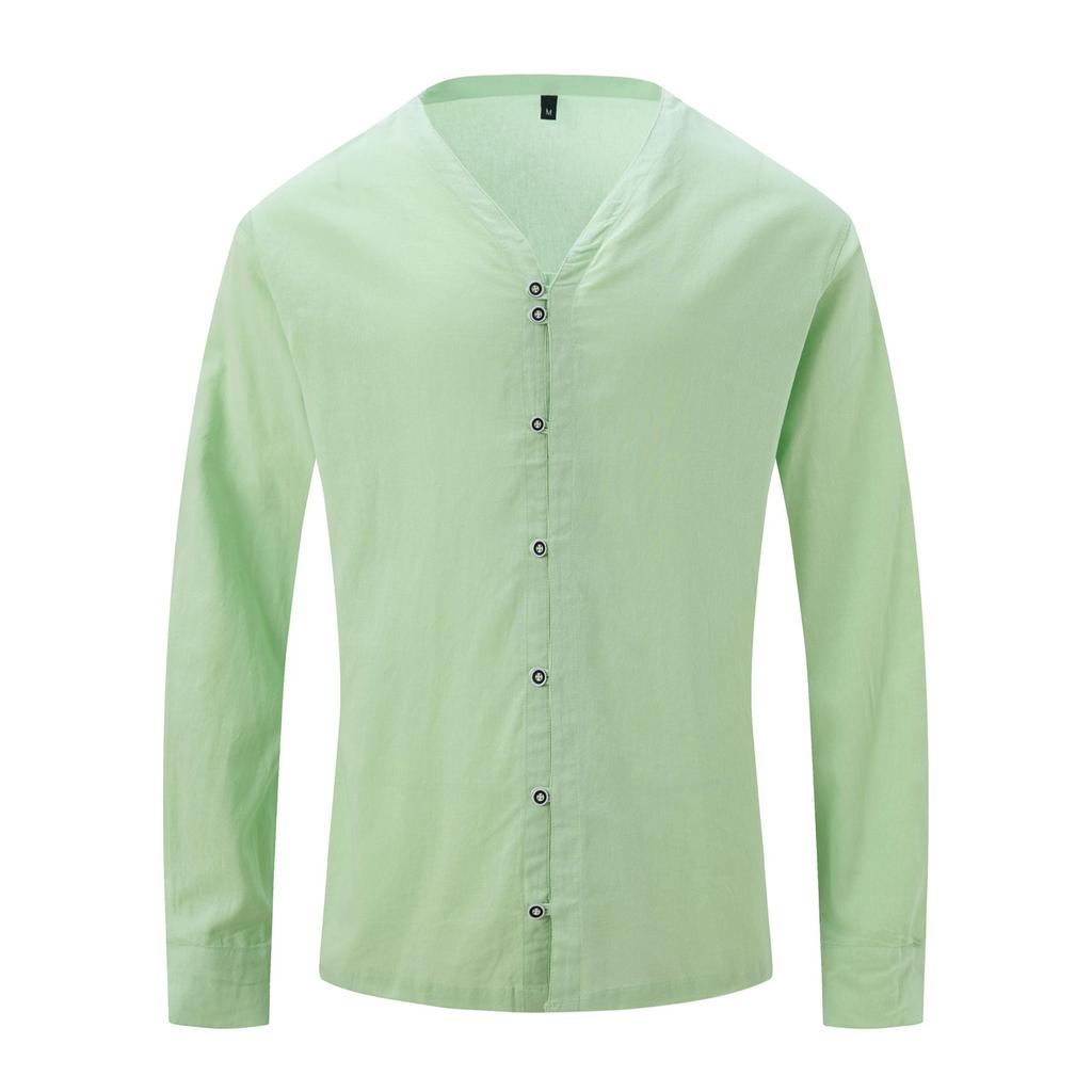 Camicie da Uomo Collo Alto 7 Bottoni Camicia Manica Lunga Tinta Unita Cotone Vintage Taglie Forti Top