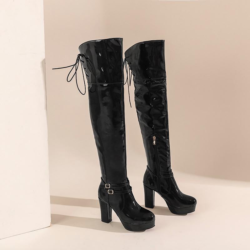 Dámské boty na vysokém podpatku podzimní a zimní klasické voděodolné platformové silný podpatek plus kozačky nad koleno