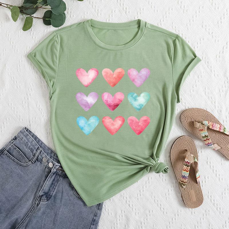Summer Women's Plus Size Color Heart Print Loose Round Neck Casual Pure Cotton Short Sleeved T-shirts Women's