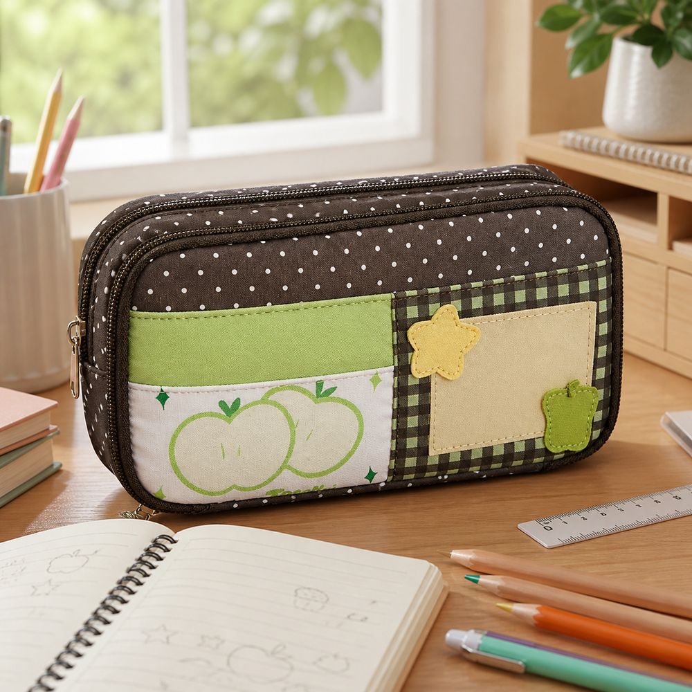 Polka Dot Zipper Pencil Pouch Patchwork Style Pen Storage Bag  Everyday Storage