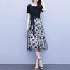 Women Midi Dress Flower Printed Fake Two Piece Mesh Bow-knot Tight Waist Dating Short Sleeves O Neck Lady Party Summer Dress Female Clothes