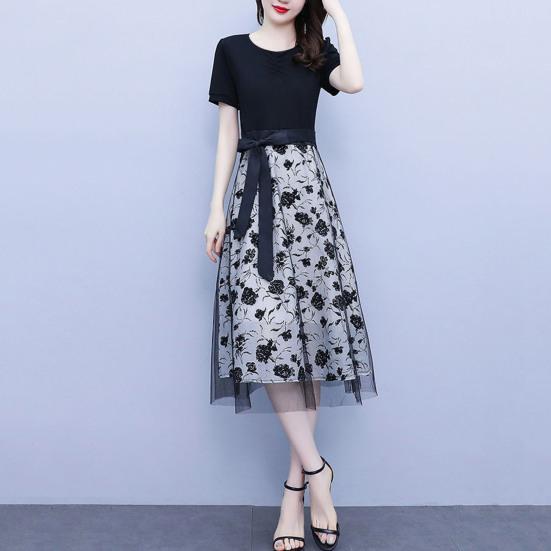 Women Midi Dress Flower Printed Fake Two Piece Mesh Bow-knot Tight Waist Dating Short Sleeves O Neck Lady Party Summer Dress Female Clothes
