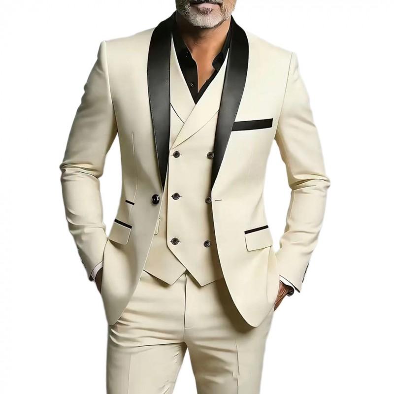 Mens Slim Fit 3-Piece Suit Set With Shawl Lapel Double Vent Tuxedo Wedding Groom Groomsman Formal Event