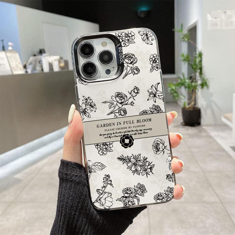

Retro Sketch Camellia Phone Case for IPhone 15 Phone Case Premium 14 Pro/13 Color Silver Case 12 For iPhone 17PROMAX