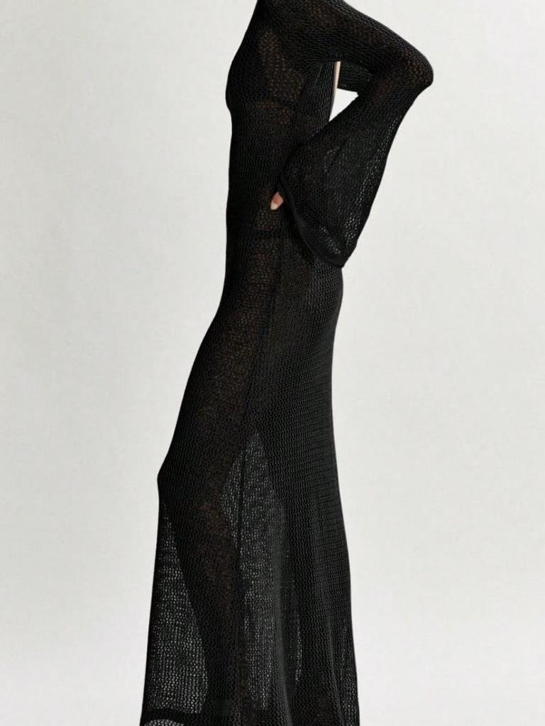 Women's Crochet Long Sleeve Backless Mesh Knit Swimsuit Cover Up Beach Maxi Dress