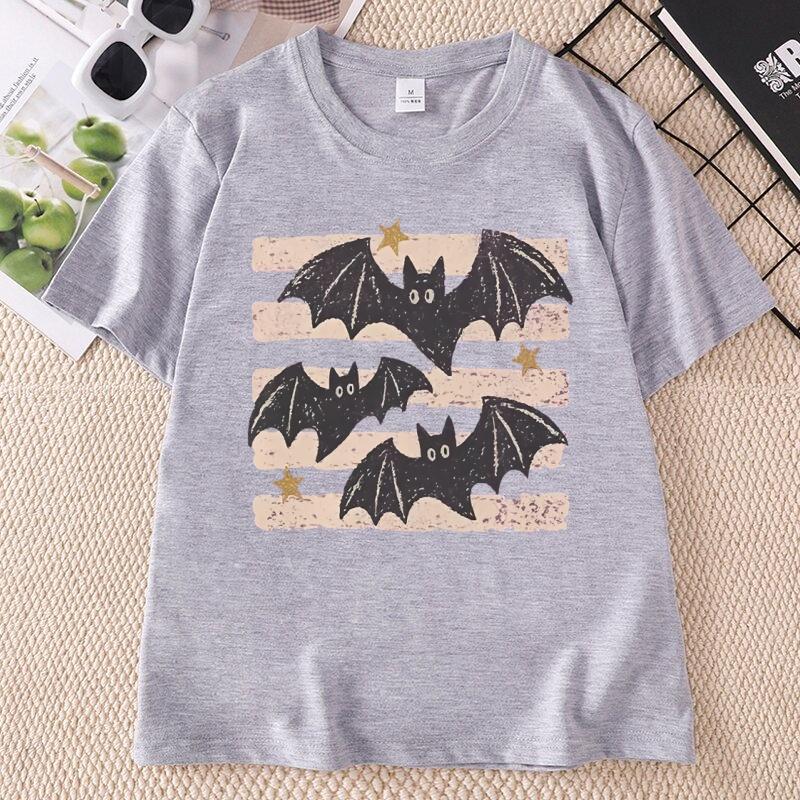 Vintage Bat Halloween TShirt Spooky Season Tee Fall Top Boho Witchy Goth Apparel T Shirts Casual Round Neck Printed Tshirts