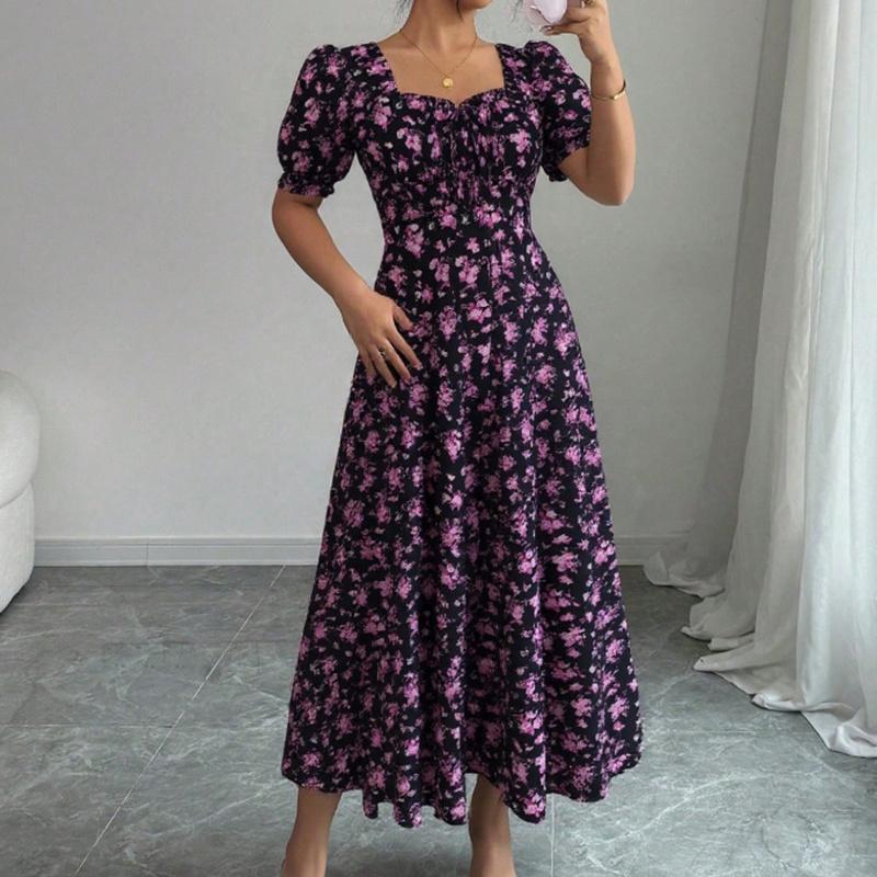 Ruffle Edge Dress Women Puff Sleeves Printed Slim Fit Spring Summer Size S-XXL