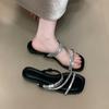 One-word drag 2025 new rhinestone one-word strap low heel fashion women's cool slippers summer two wear