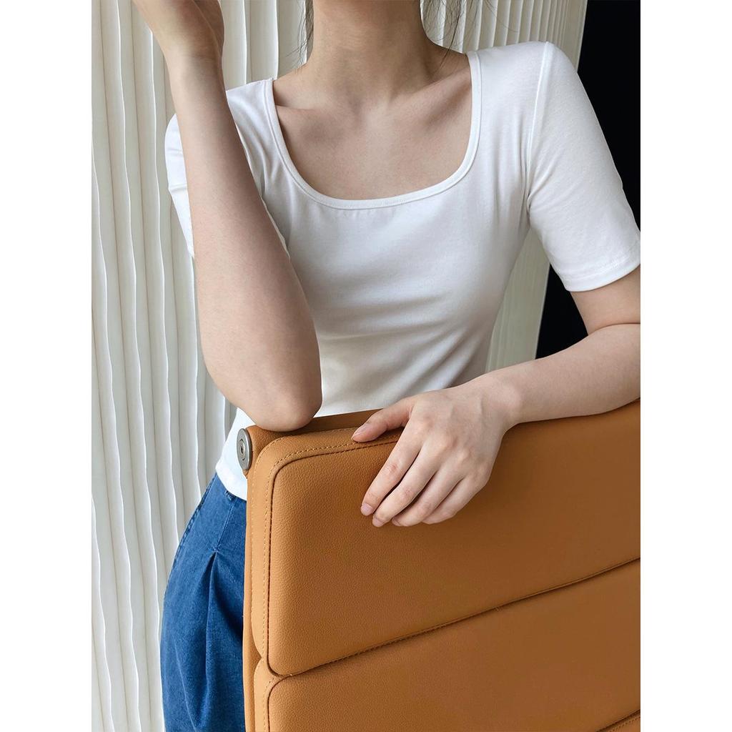 LUXI 2024 Summer Women's Short Sleeve Square Neck Slim Fit T-shirt - Solid Color, High Waist, Exposed Collarbone Style