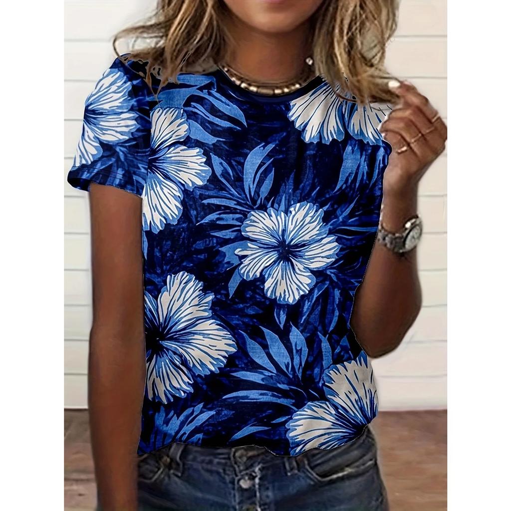 New Summer Women's 3d Pattern Printing Women's T-shirt Round Neck Short-sleeved Street Casual Daily Basic Top