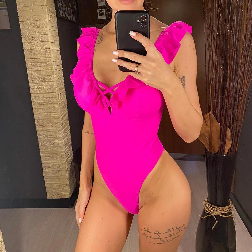 Nuovo Sexy Costume Intero Ruffled con Volant Schiena Scoperta Costumi da Bagno Donna Taglio Alto Monokini Costume da Bagno Swim