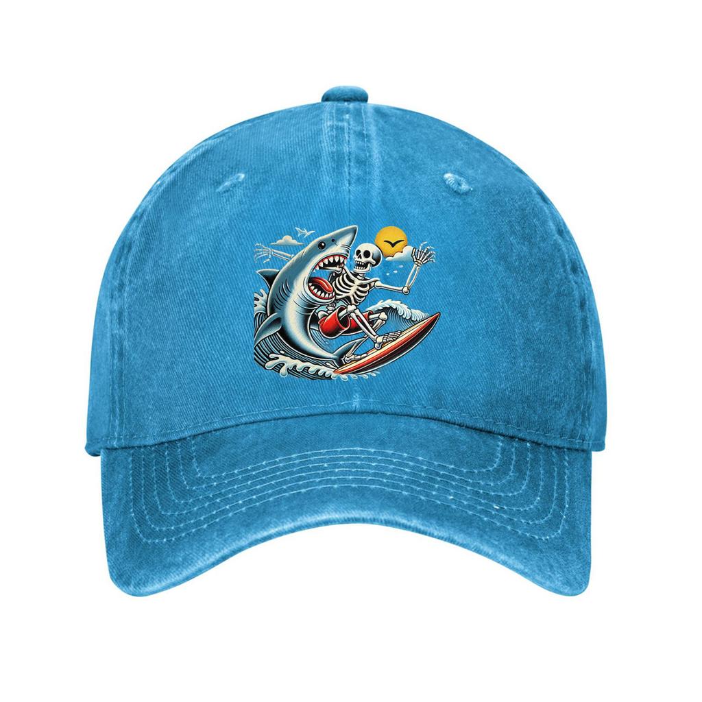 Surfing Skeleton Shark Print Baseball Cap Vintage Washed Cotton Casual Adjustable Dad Hat Outdoor Headwear