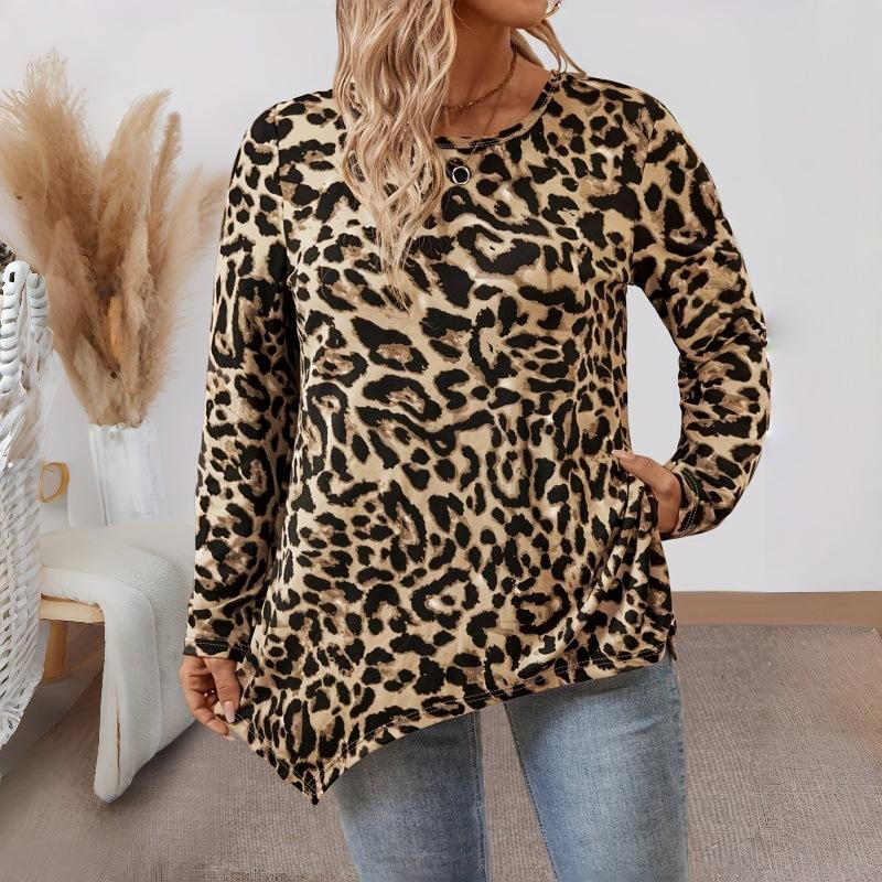 Damen Tunika Top mit Leopardenmuster, Rundhalsausschnitt Langarm, Unregelmäßiger Saum, Weicher Stoff, Locker Lässig Tägliche Bluse