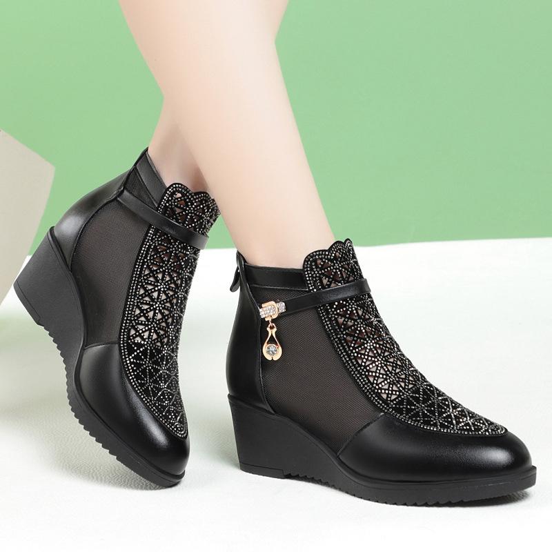 Fashion 2024 Spring Summer Middle Heel Fashion Comfort Rhinestones Soft Leather Sandals Thick Heels Mesh Boots Hollow Women's Shoes