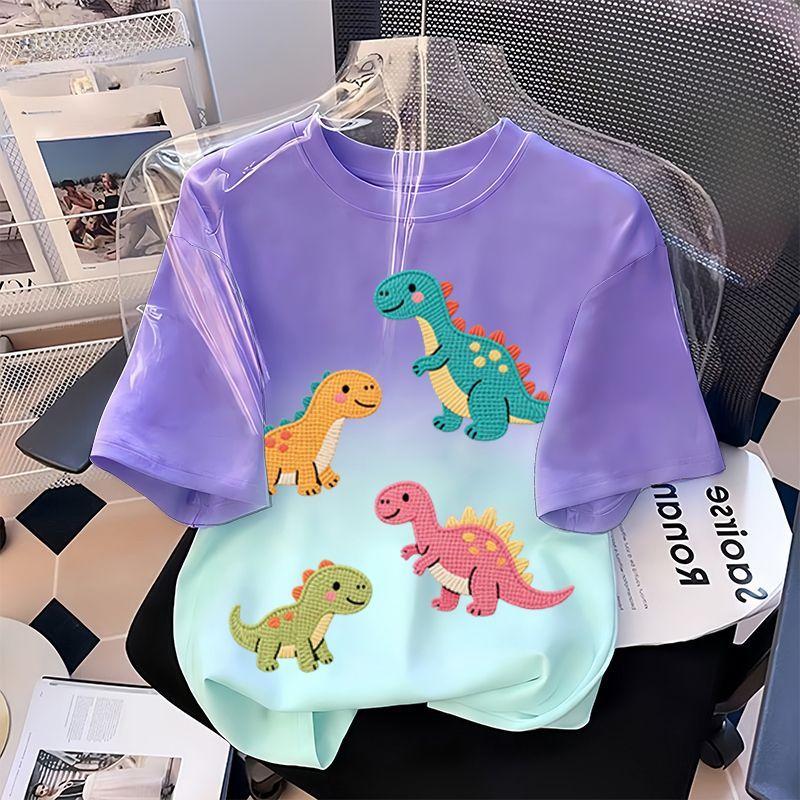 Girls' Fashionable Dinosaur Top - Summer Children's Casual Loose Pure Cotton T-shirt