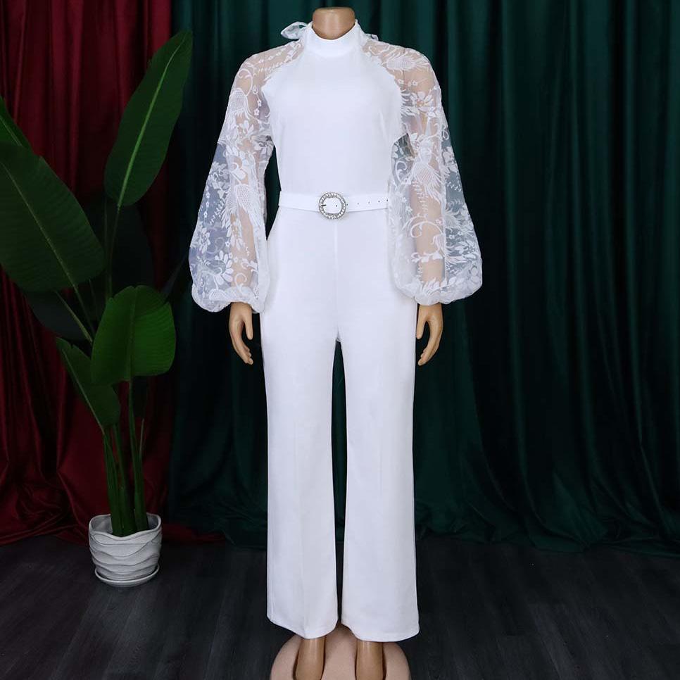 Elegant Jumpsuits Rompers Women O Neck Long Sleeve Belt Straight Party Overalls Clothes OL Woman Pants