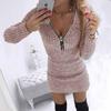 Nuovo Vestito da Donna con Zip, Mini Abito Bodycon a Maniche Lunghe in Maglia a Vita Alta