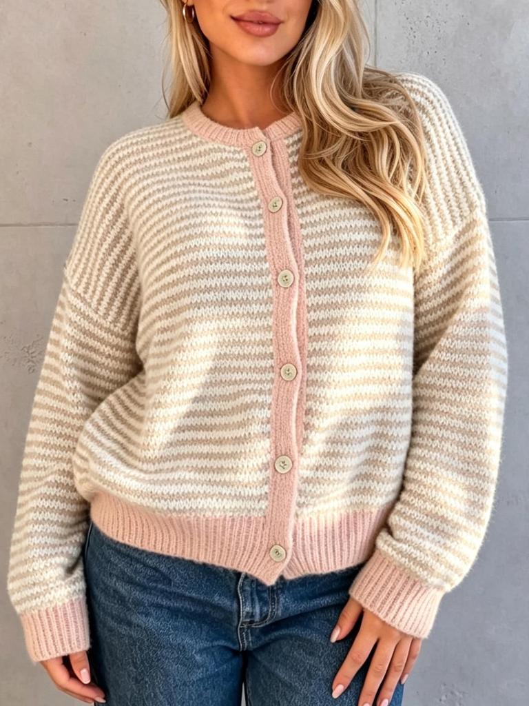 2026 Autumn Women's Color Block Stripe Knit Cardigan Sweater with Button Closure