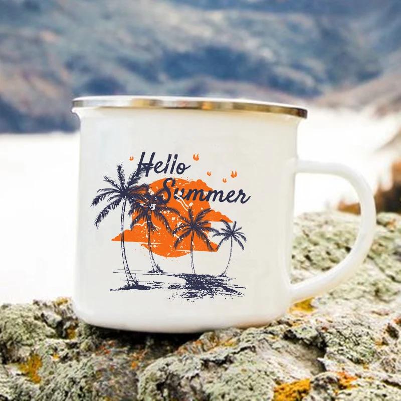 

Hello Summer Printed Enamel Creative Coffee Tea Water Milk Cups Outdoor Camping Mugs Handle Drinkware Vacation Travel Mug Gifts 360ml