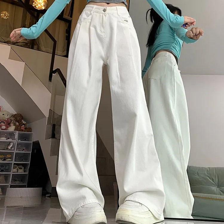 

Весна-лето Высокая талия Широкие джинсы женские белые свободные морщины дизайн модные драпированные утягивающие брюки XS белый