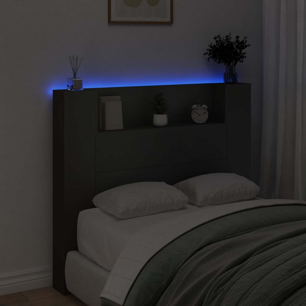 Storage Headboard with LED Black Wood Based Material