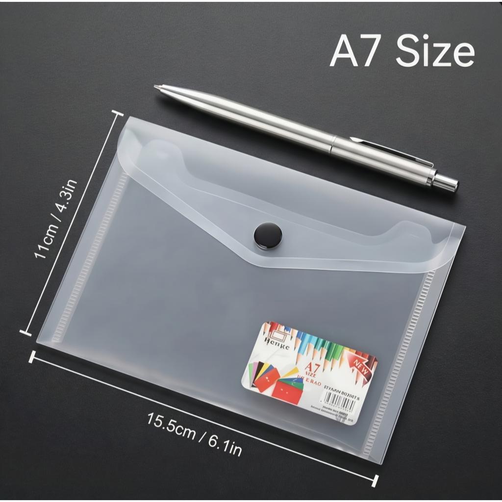 A7 Size Clear Plastic Document Envelope Folder File Bag Snap Button Closure School Office Stationery Pouches