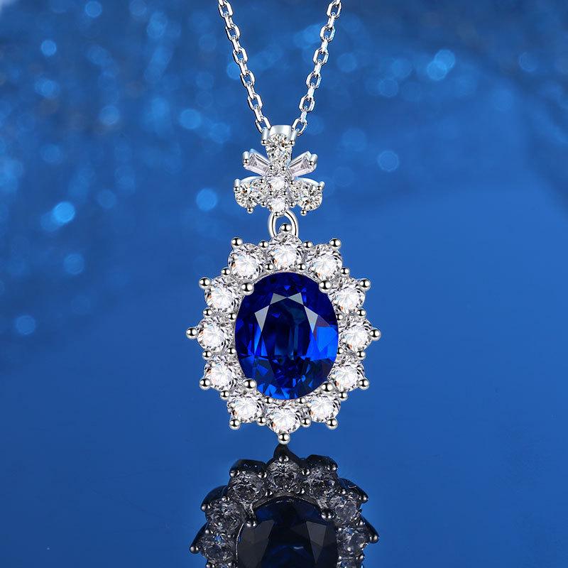 Elegant European Retro Necklace: Simulated Pigeon Blood Red & Sapphire Blue Gemstones in 925 Sterling Silver for Women Sterling Silver 925 королевский синий