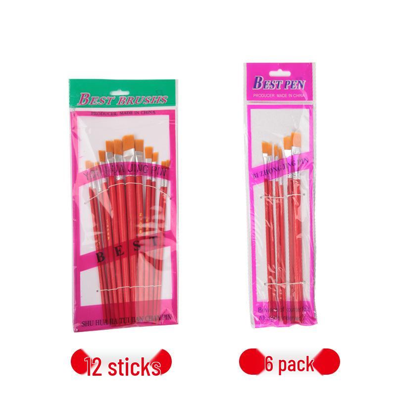 Red Handle Nylon Bristle Brushes for Oil, Watercolor & Gouache Painting 6-piece Set