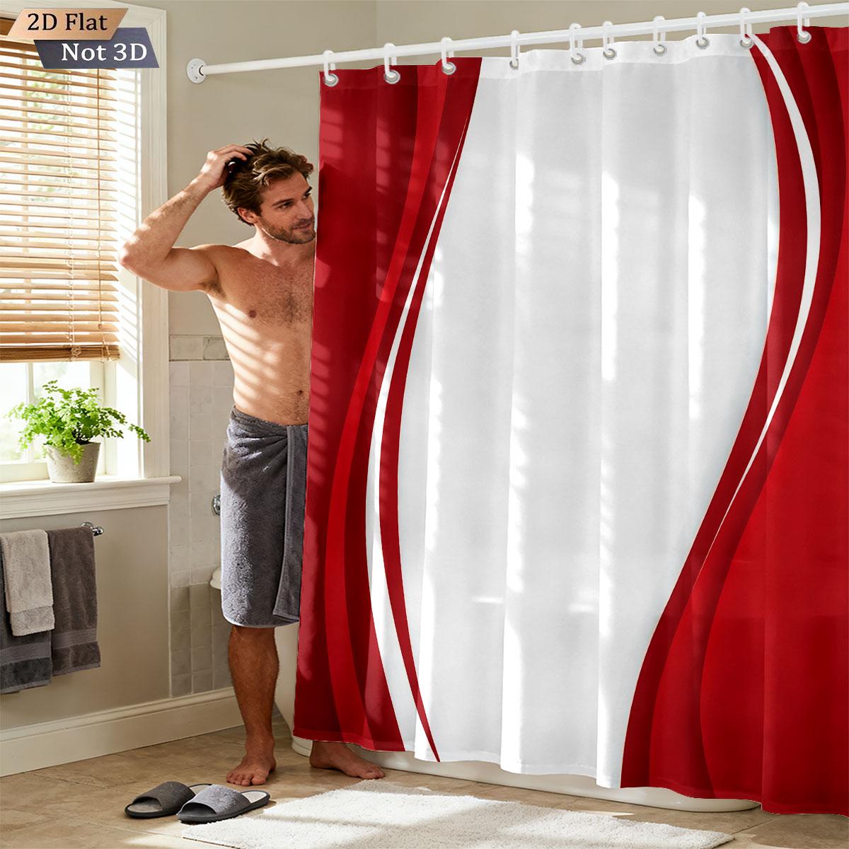 

1Pc Contrast Red Curved Printed Waterproof Bathroom Partition With 12 Hooks Privacy Shower Curtain Various Sizes W60H190(CM)-1 Pcs
