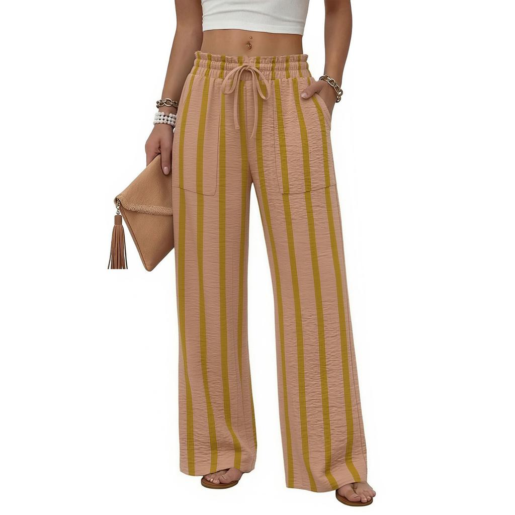 Women's Fashion Striped High Waist Wide Leg Pocket Drawstring Loose Beach Vacation Casual Pants