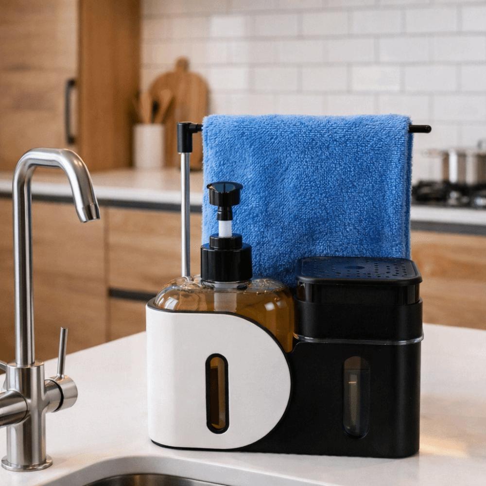 Plastic Hand and Dish Soap Dispenser Set Refillable Rag Holder Dual Soap Dispenser with Sponge Holder 4-in-1 Soap Dispenser