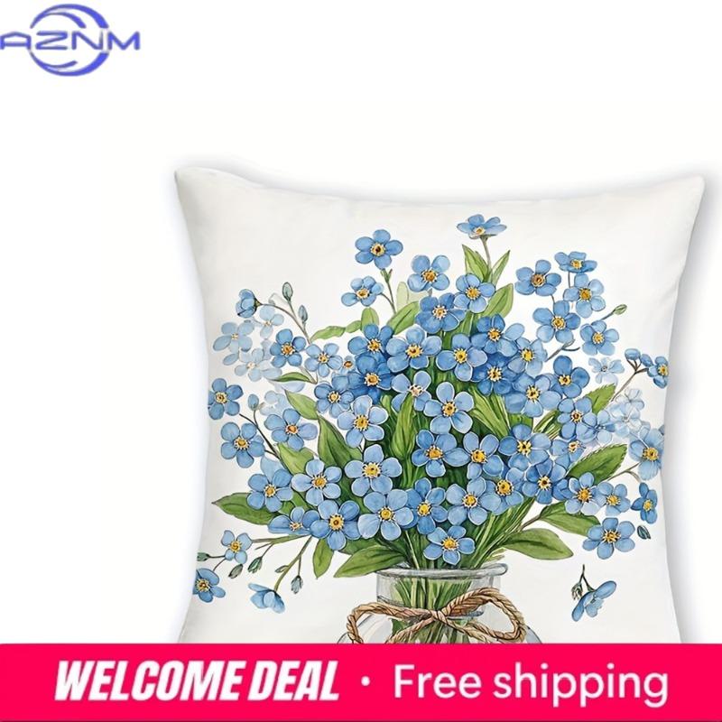 Blue Forget - Me - Not & Home - Themed Pillowcasesliving Room Sofa Cushion Cover, Soft And Comfortable, Bedroom Room Decoration