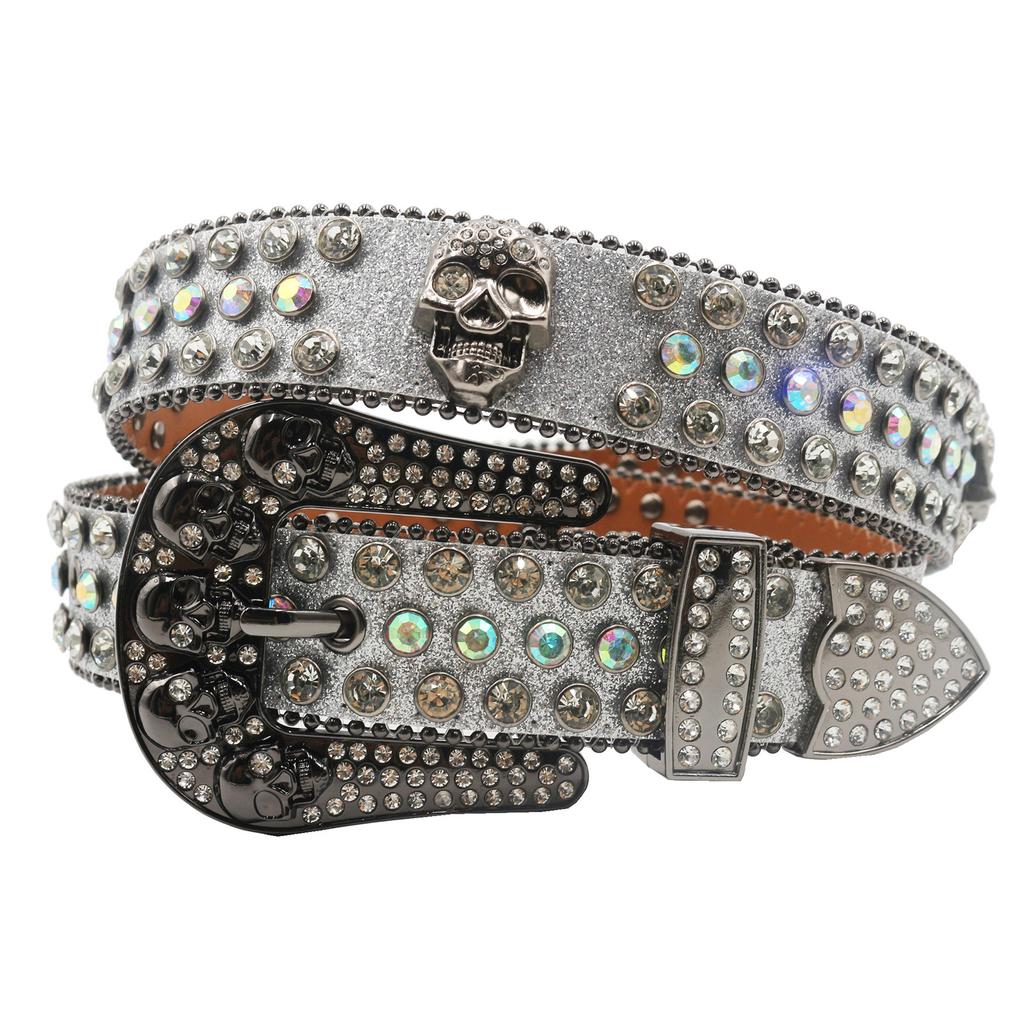 Skull Buckle Water Diamond European and American Men Hip-hop Punk Belt Personalized Fashion Versatile Belt Women Full Diamond Belt
