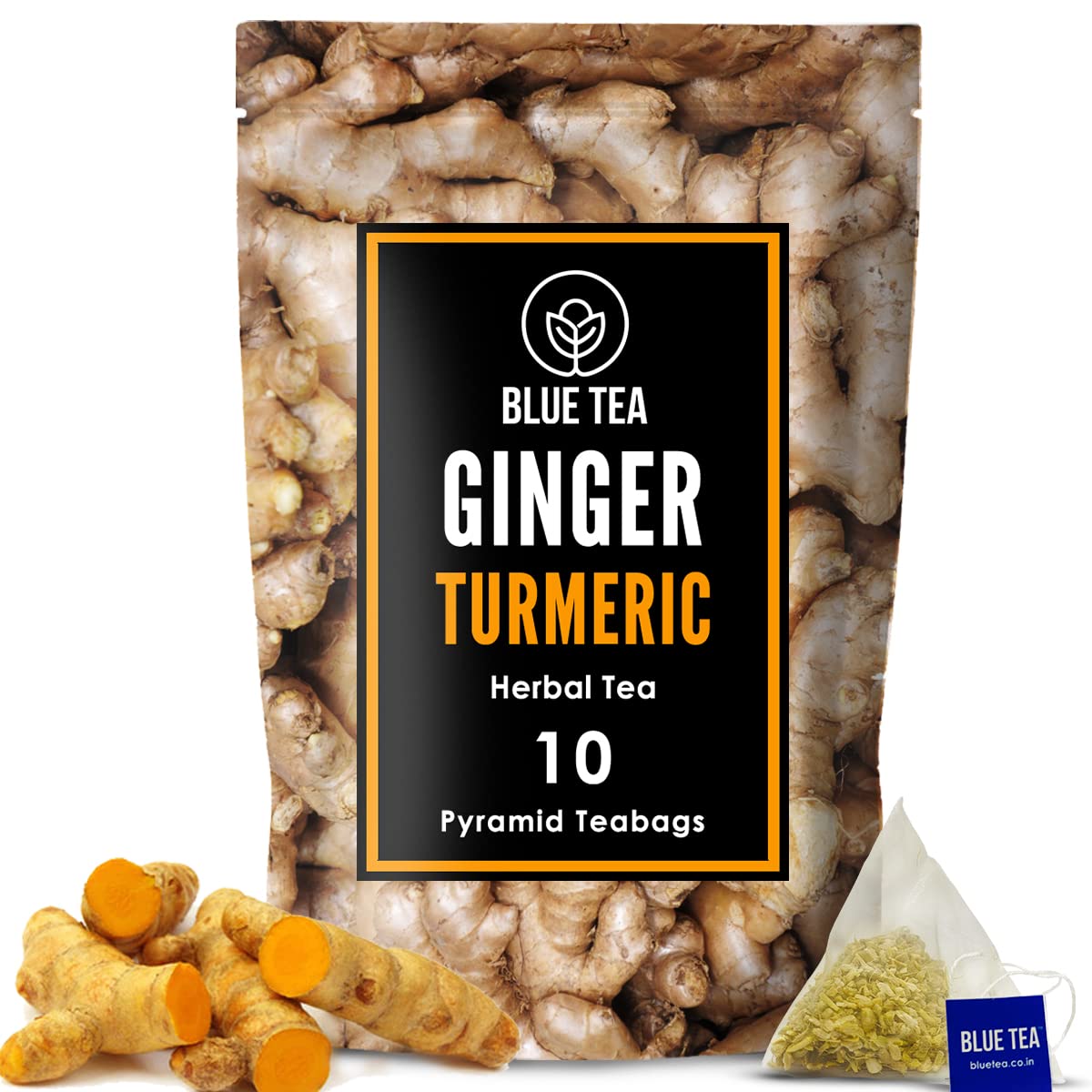 BLUE TEA - Ginger Turmeric Tea - 10 Tea Bags - Plant Based | AYURVEDIC BLEND | Detox Tea - Immunity Booster - Caffeine-free - Non-GMO - Glut