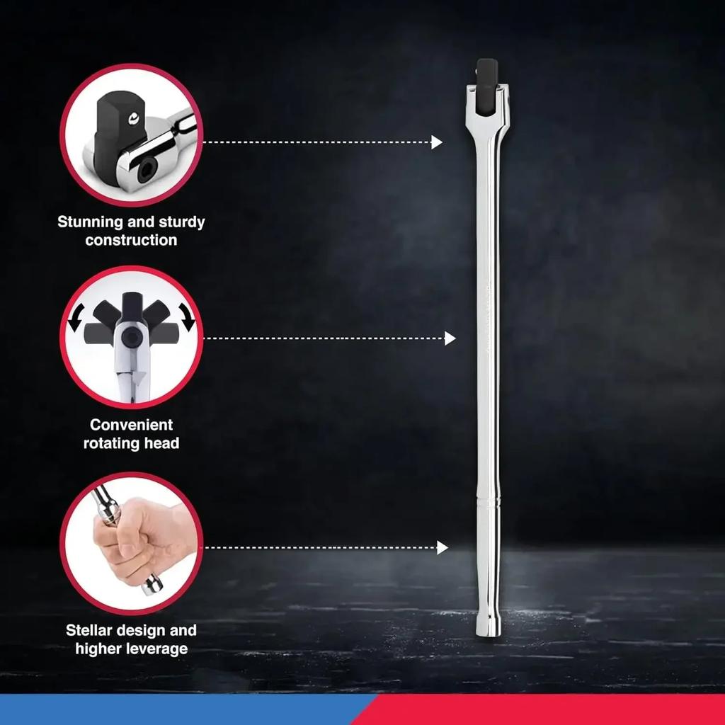 1/2'' Drive Breaker Bar Wrench Socket 10/15/18inch Extension 180-Degree Cr-V Flex Head and Engraved Non-slip Handle Repair Tools