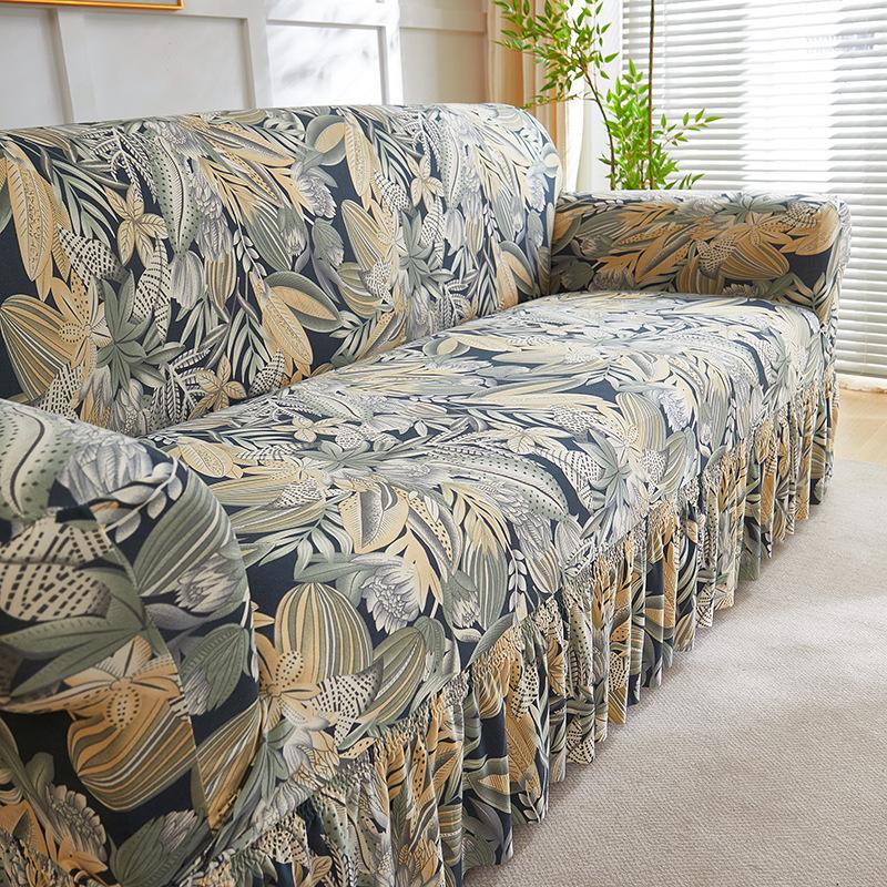 Vintage Printed Sofa Cover With Skirt Hem All-Cover Elastic Sofa Protection Slipcover Anti Slip Wear-Resistant Recliner Covers