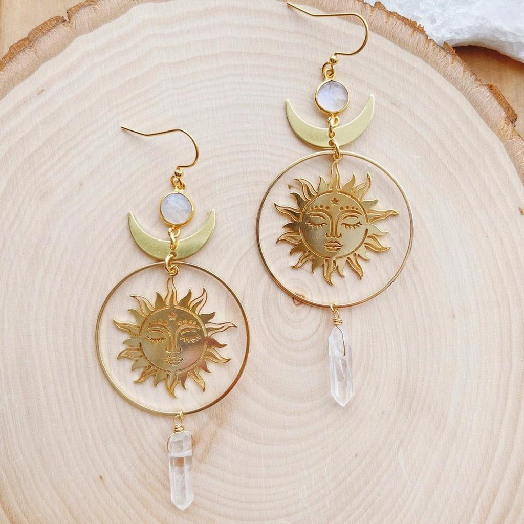 Bohemian Gold Sun Earrings With Gemstone Design For Women Summer
