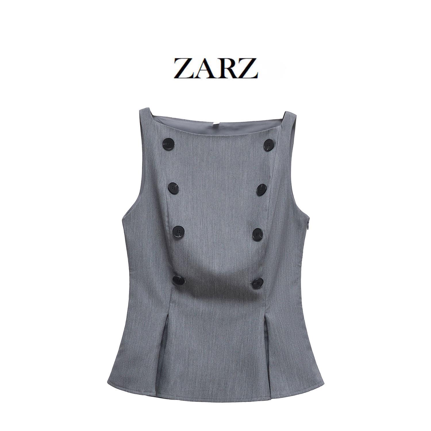

ZARZ Women s Classic Double-Breasted Boat Neck Sleeveless Top Small серый