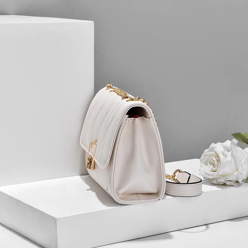 New Women Fashion Peach Heart All-Match Messenger Bag Solid Color Females Square Popular Shoulder Chain Flap Bags For Ladies